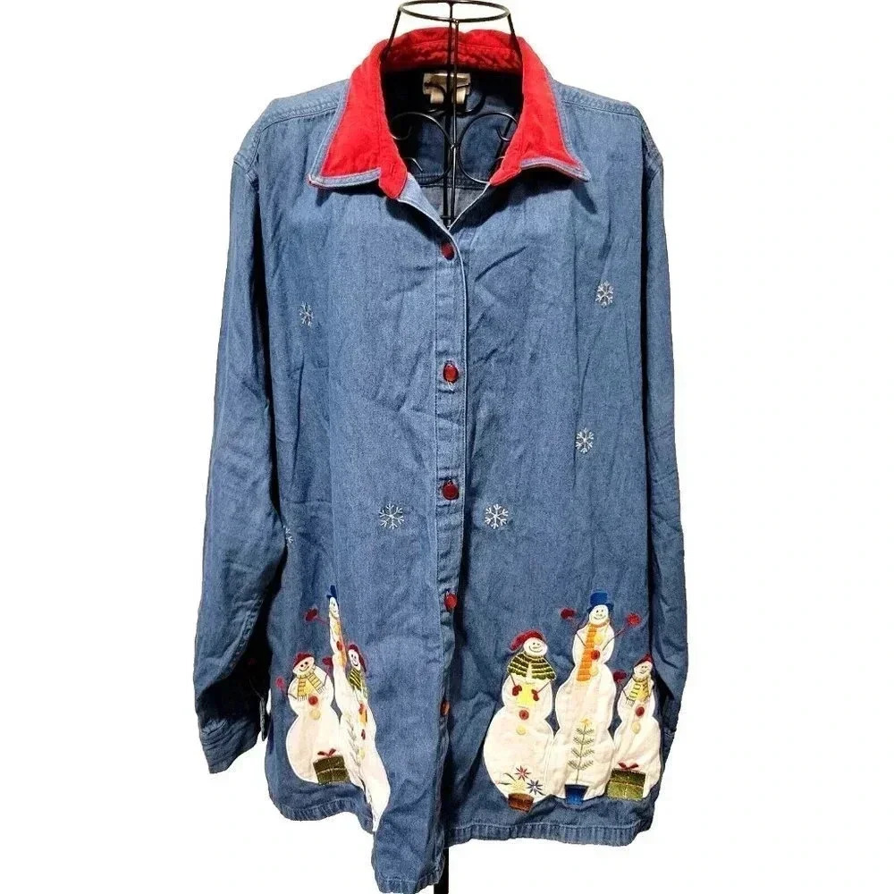Bobbie Brooks Snowmen Shirt 26W/28W Womens Plus Size Denim Embroidered Christmas